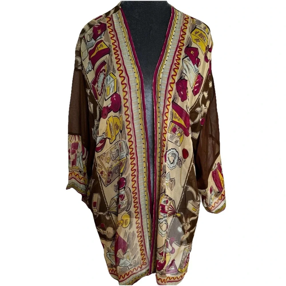 Vtg Sheer Kimono‎ Cardigan Perfume Print Boho Chic Open Front Duster Topper Glam